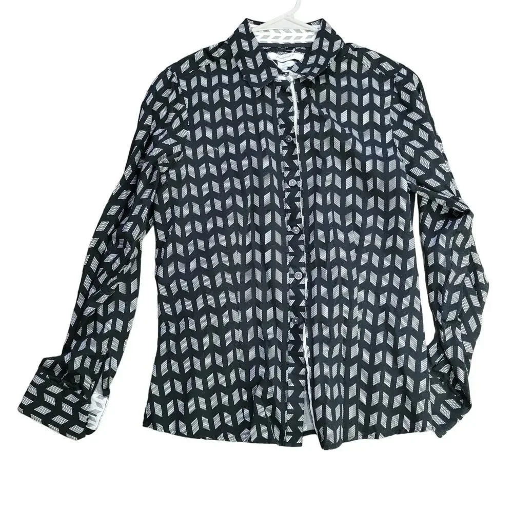 Foxcroft NYC Women Button-Up Shirt Size 10 Black Fitted 100% Cotton Long Sleeves